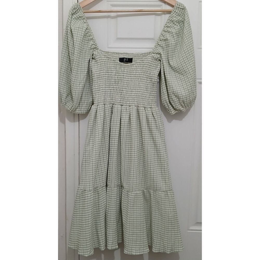 Opt womens medium Shift dress square neck gingham plaid green puff sleeve